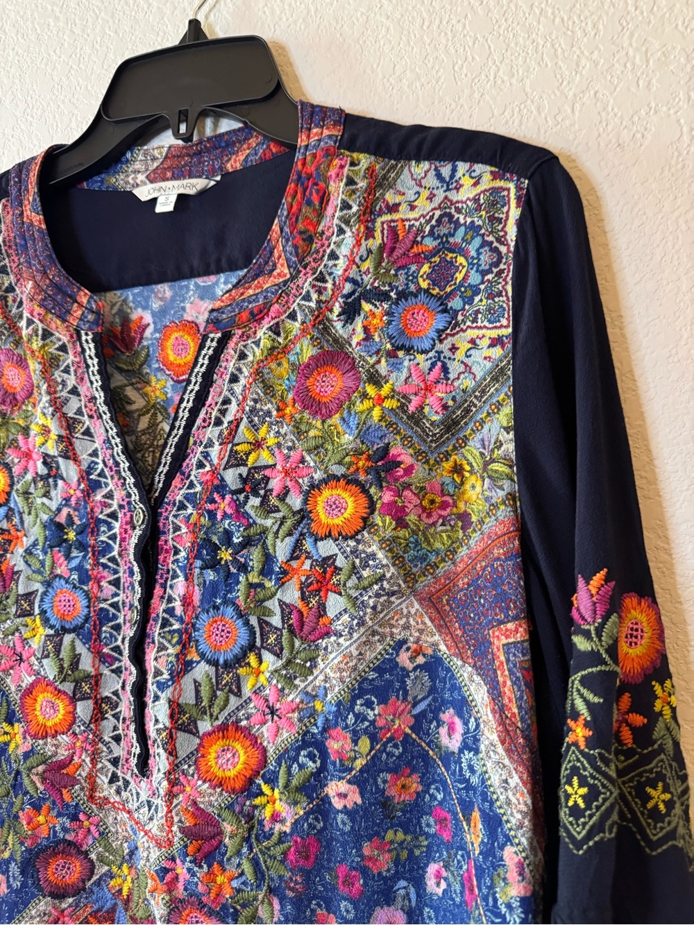 John Mark Embroidered Boho Floral Patchwork 3/4 Sleeve Blouse Tunic Top Size S - Picture 6 of 13